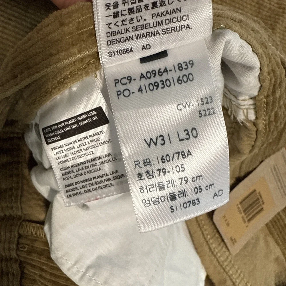 Levis Low Pro Corduroy Pants Mens 31x30 Harvest Gold Tan Straight A0964-1839 NWT